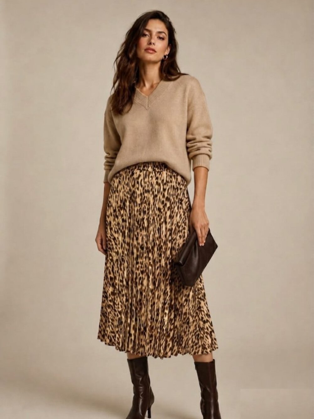 Leopard Print Pleated Midi Skirt - Brown/Black